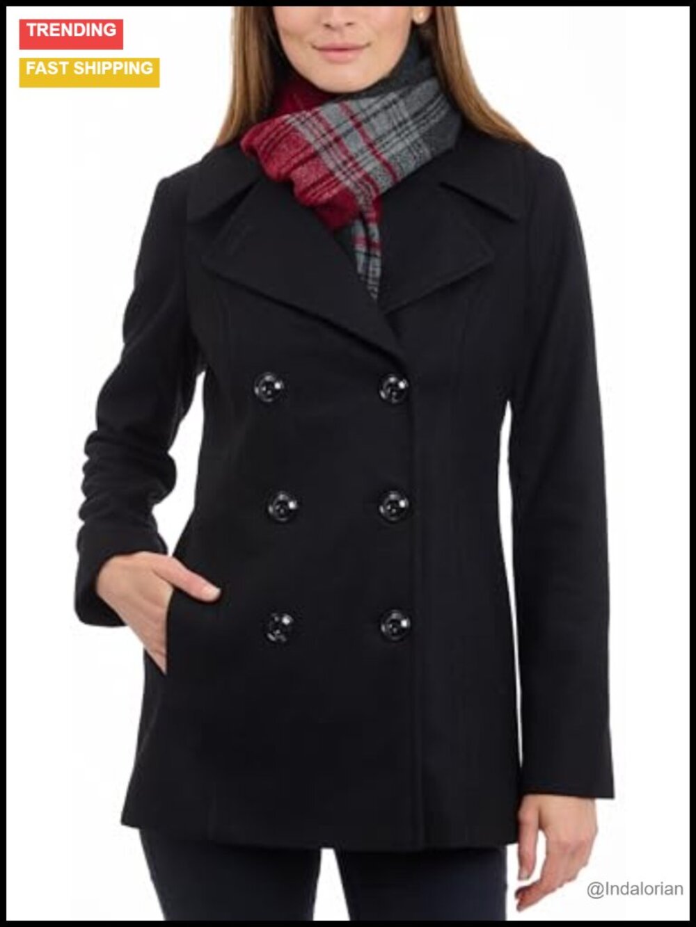 Double Breasted Peacoat with Scarf Wool Blend Patch Pockets